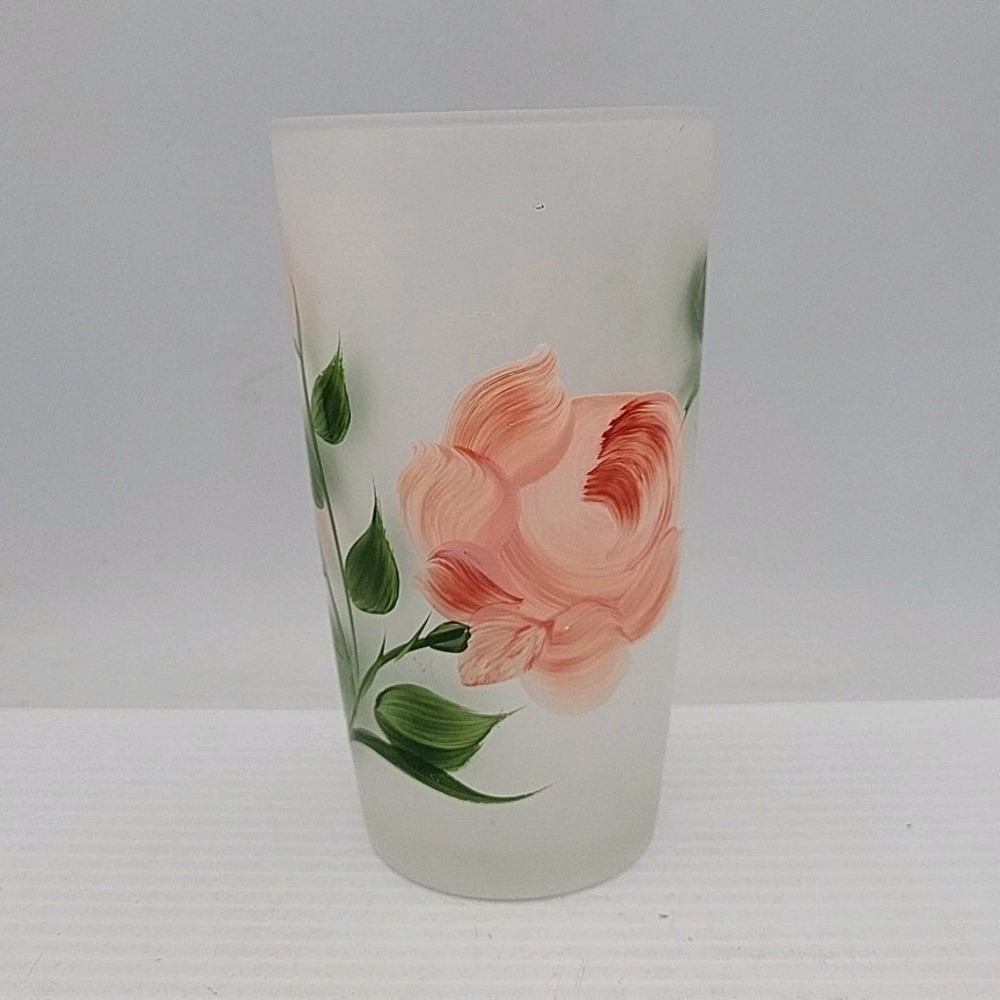 Vtg Frosted Drinking Glass‎ Handpainted Pink Flowers Hazel Atlas